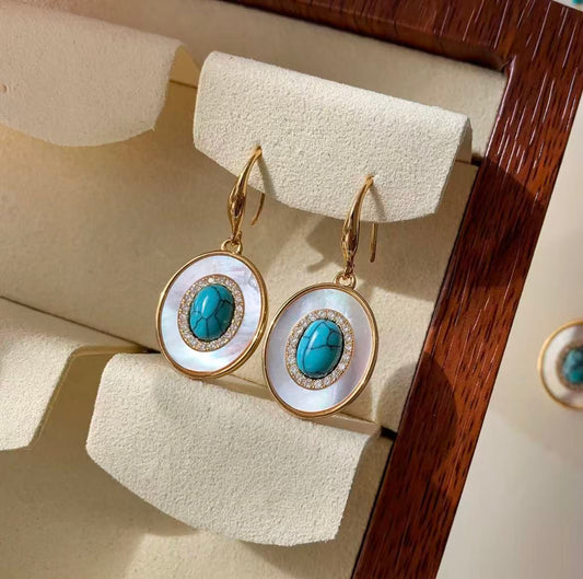 Gold Plated Natural Turquoise Shell Dangle Hook Earrings