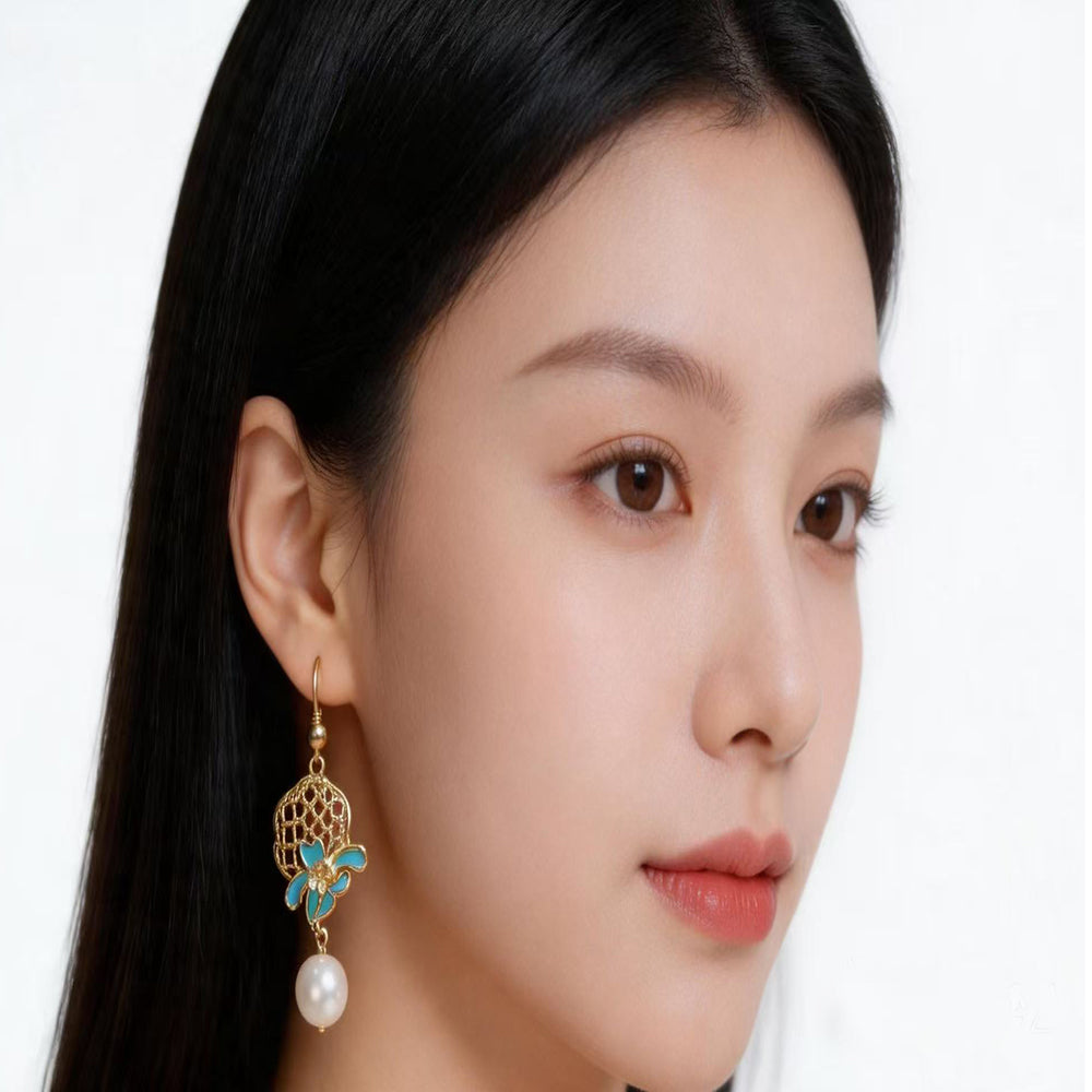 Copper-Alloy Pearl Earrings with Peony & Orchid Openwork,Silver Needdles