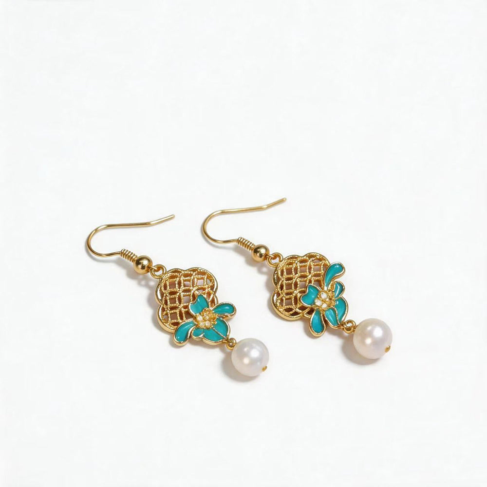 Copper-Alloy Pearl Earrings with Peony & Orchid Openwork,Silver Needdles
