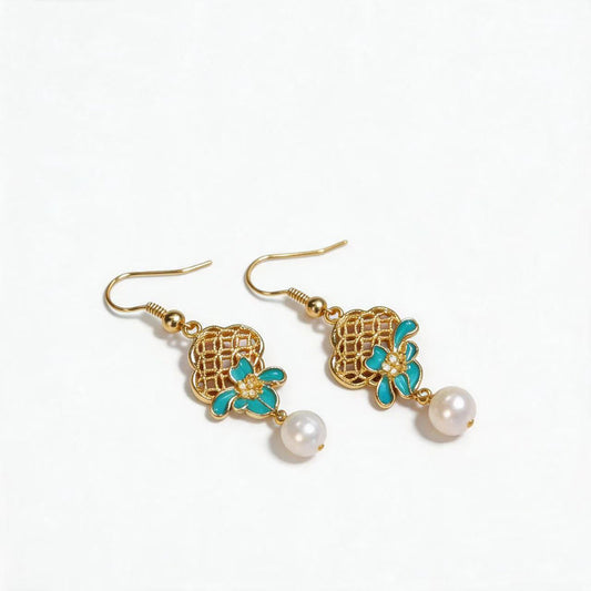 Copper-Alloy Pearl Earrings with Peony & Orchid Openwork,Silver Needdles