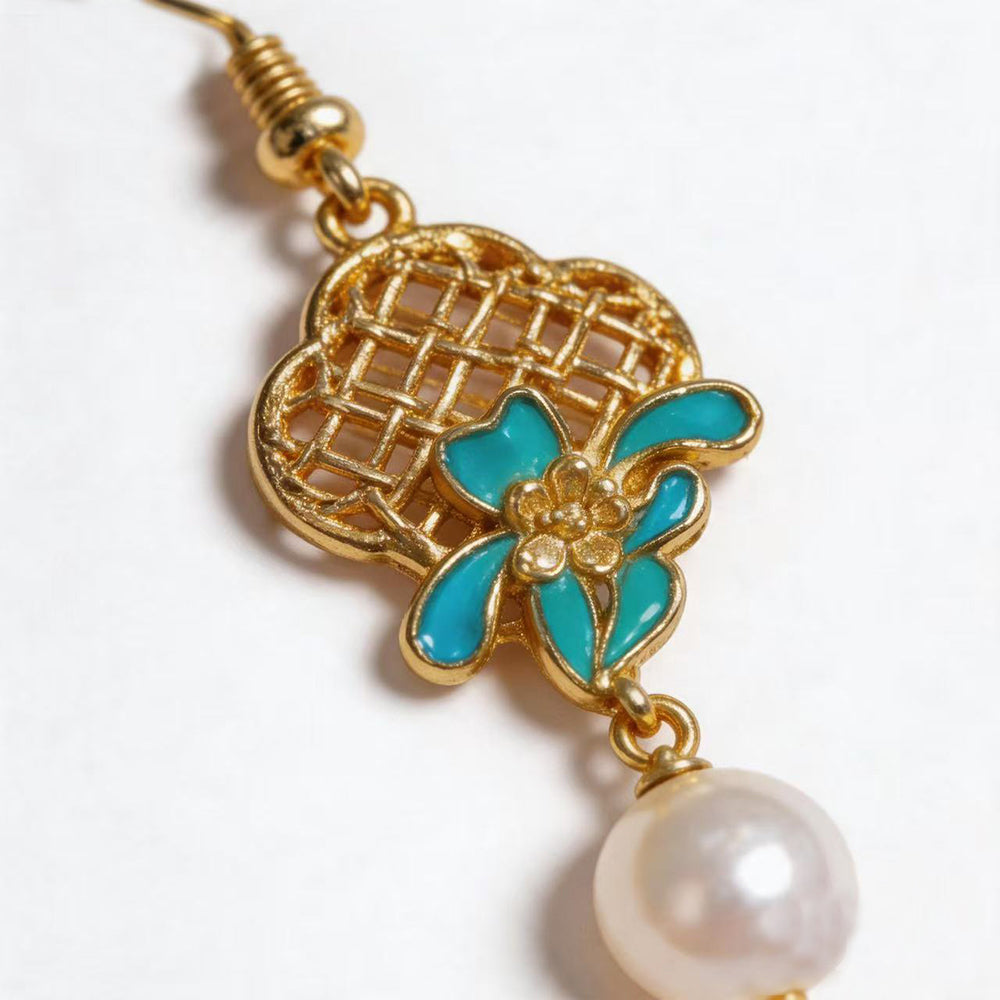 Copper-Alloy Pearl Earrings with Peony & Orchid Openwork,Silver Needdles
