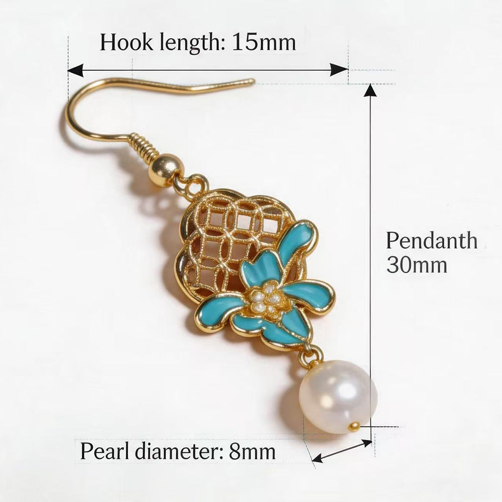 Copper-Alloy Pearl Earrings with Peony & Orchid Openwork,Silver Needdles