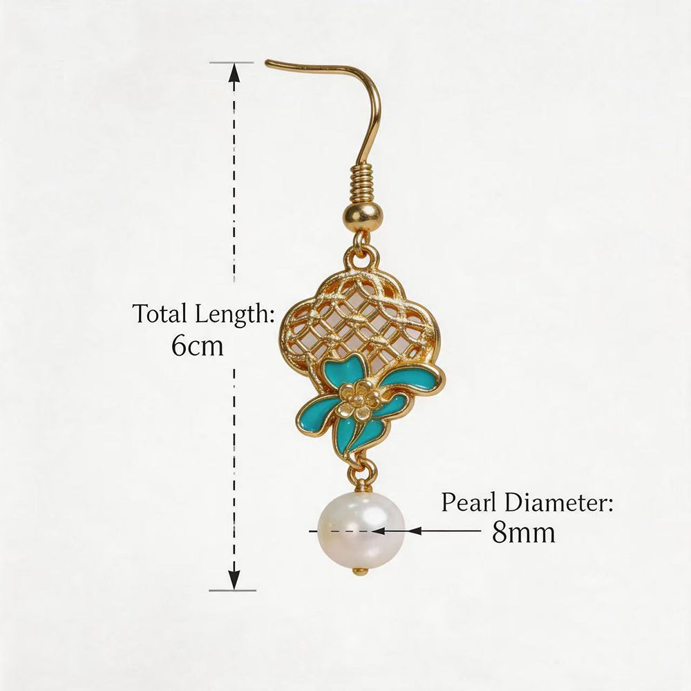 Copper-Alloy Pearl Earrings with Peony & Orchid Openwork,Silver Needdles