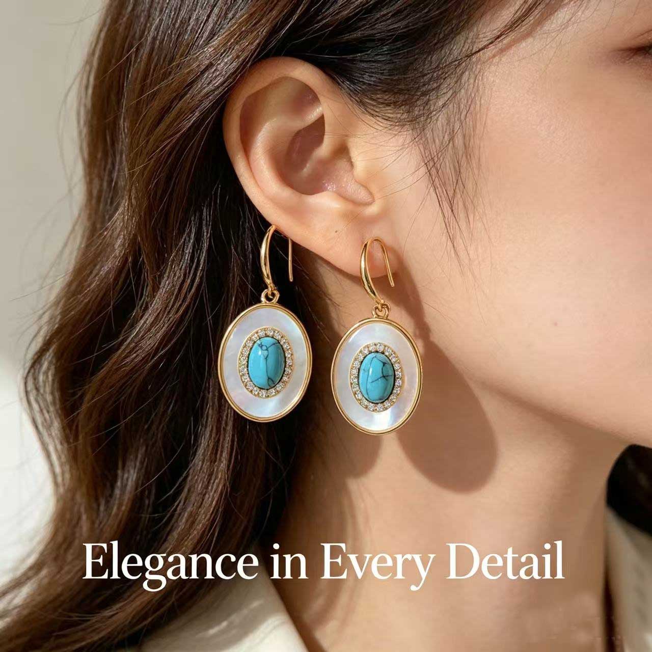 Gold Plated Natural Turquoise Shell Dangle Hook Earrings
