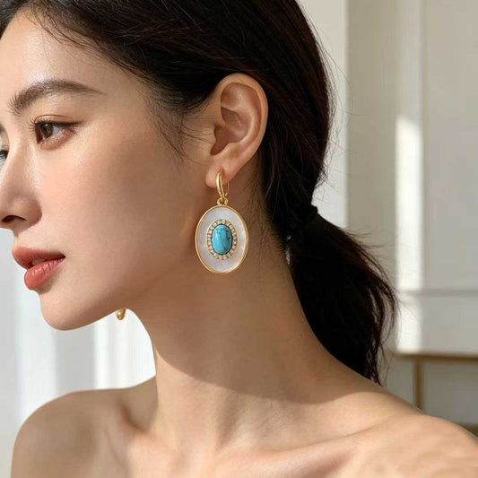 Gold Plated Natural Turquoise Shell Dangle Hook Earrings