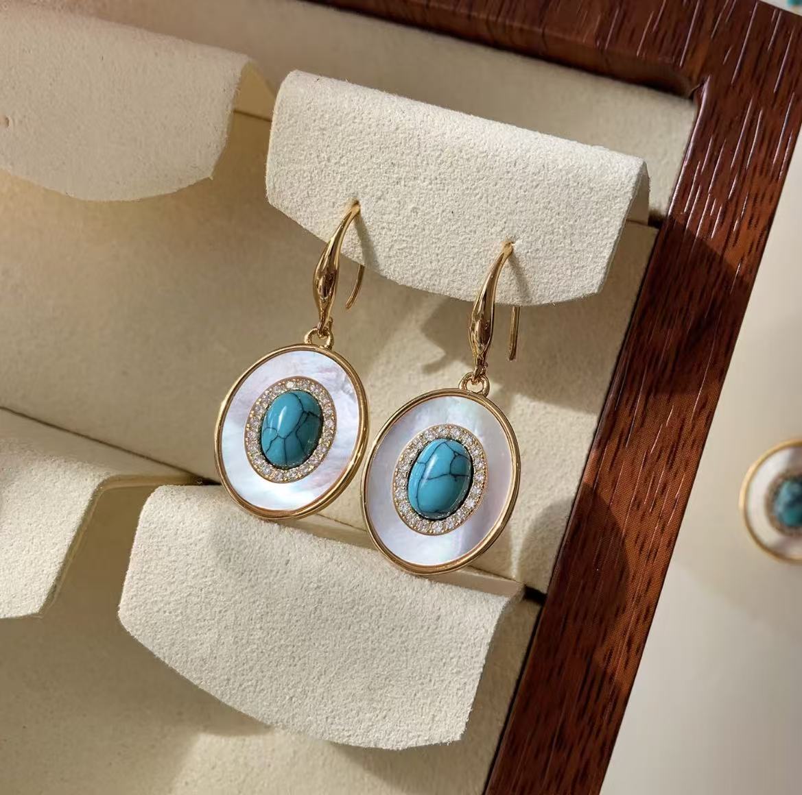 Gold Plated Natural Turquoise Shell Dangle Hook Earrings