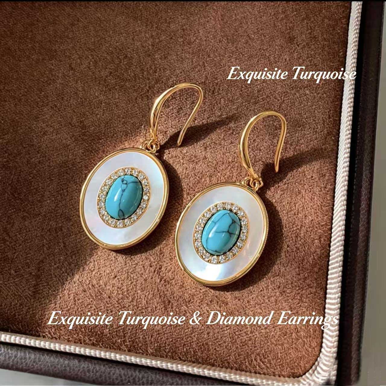 Gold Plated Natural Turquoise Shell Dangle Hook Earrings