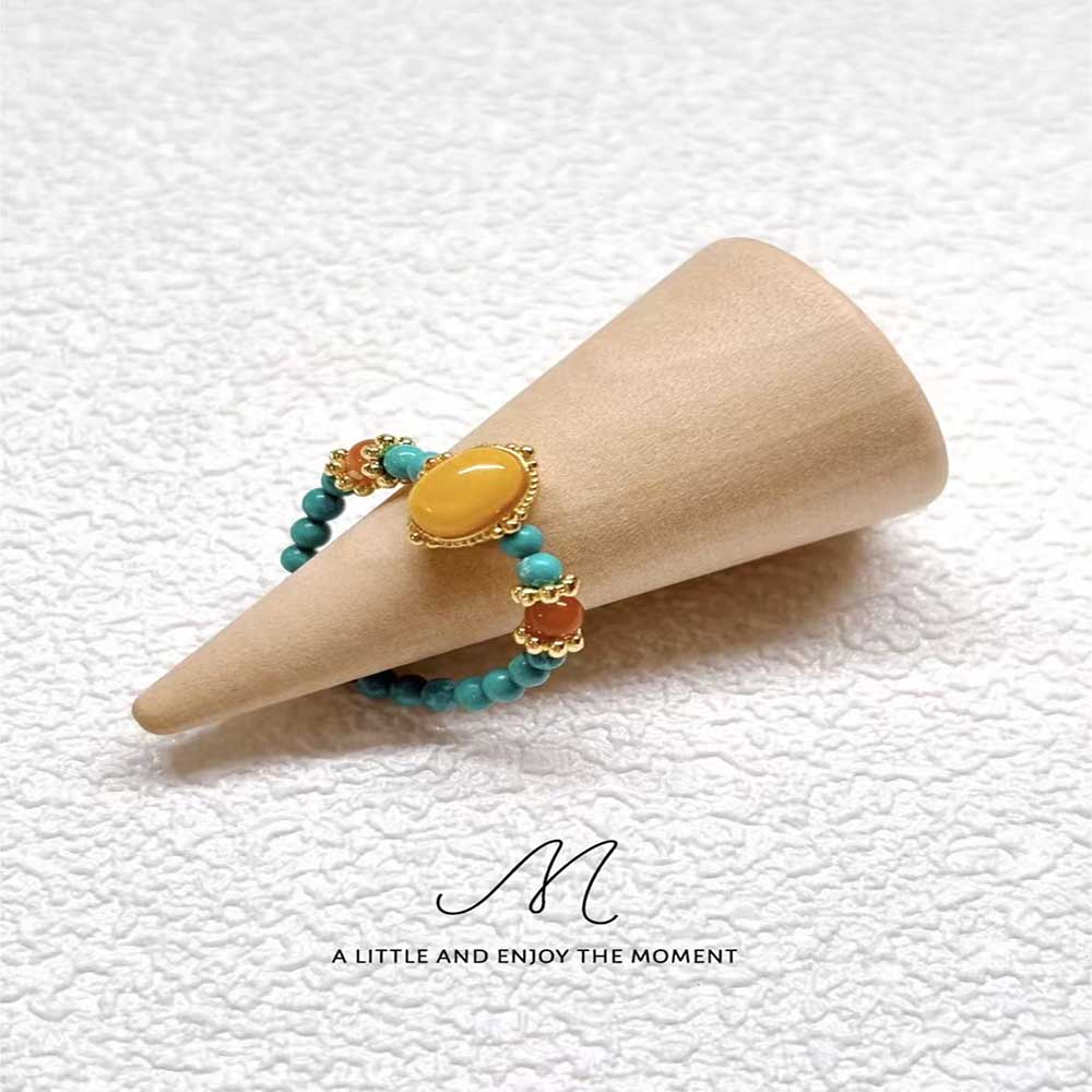 Customizable Turquoise Amber Nantian Red Beaded Elastic Ring