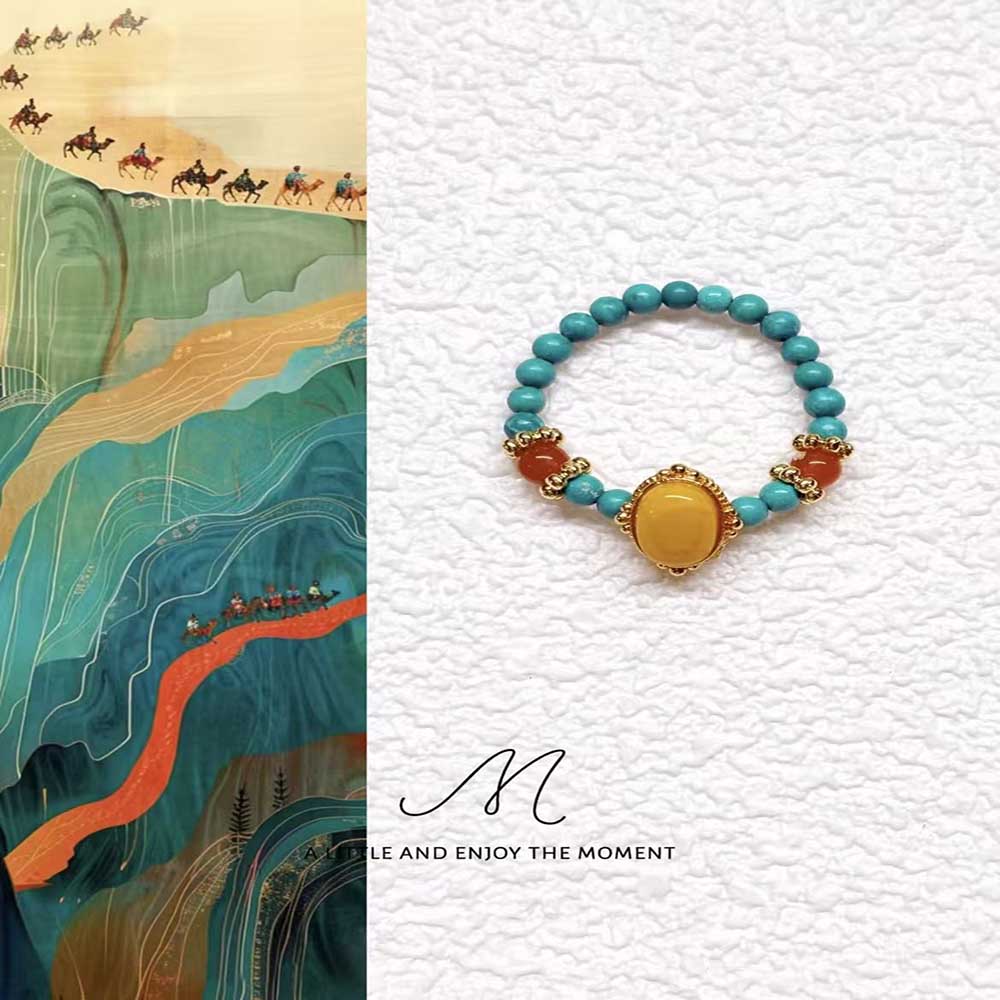 Customizable Turquoise Amber Nantian Red Beaded Elastic Ring