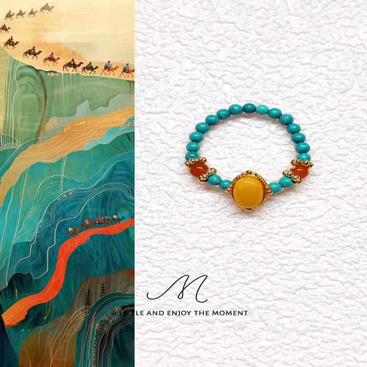 Customizable Turquoise Amber Nantian Red Beaded Elastic Ring