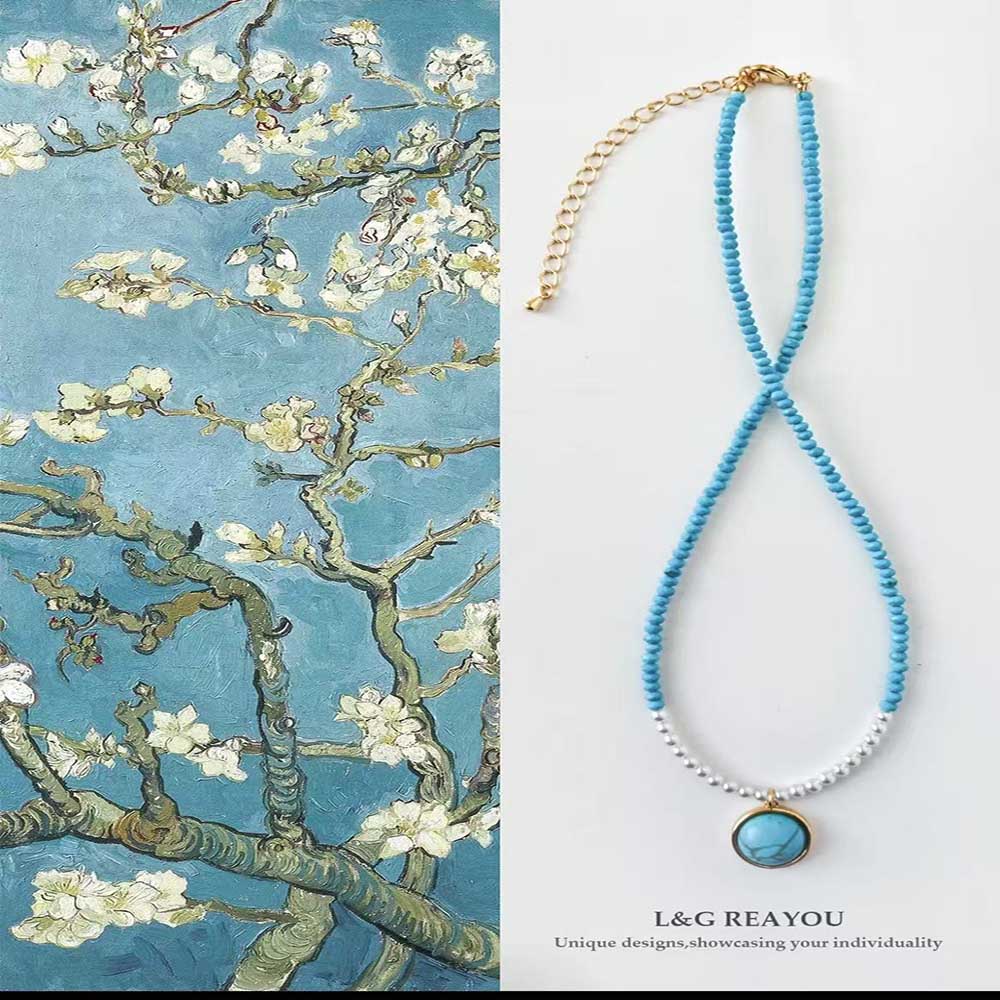 Sky Blue Turquoise Handmade Bead Necklace with Freshwater Pearl for Women