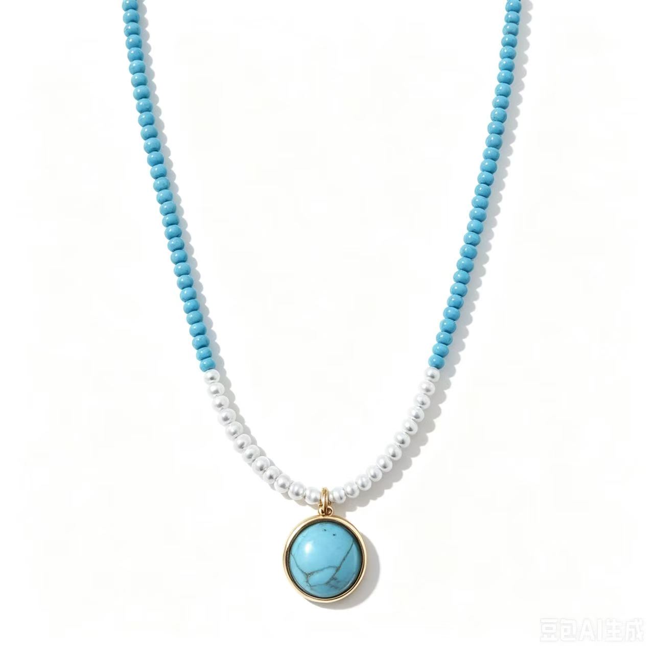 Sky Blue Turquoise Handmade Bead Necklace with Freshwater Pearl for Women