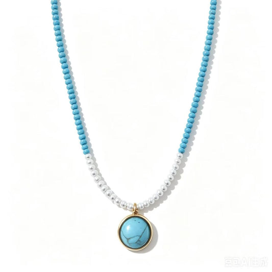 Sky Blue Turquoise Handmade Bead Necklace with Freshwater Pearl for Women
