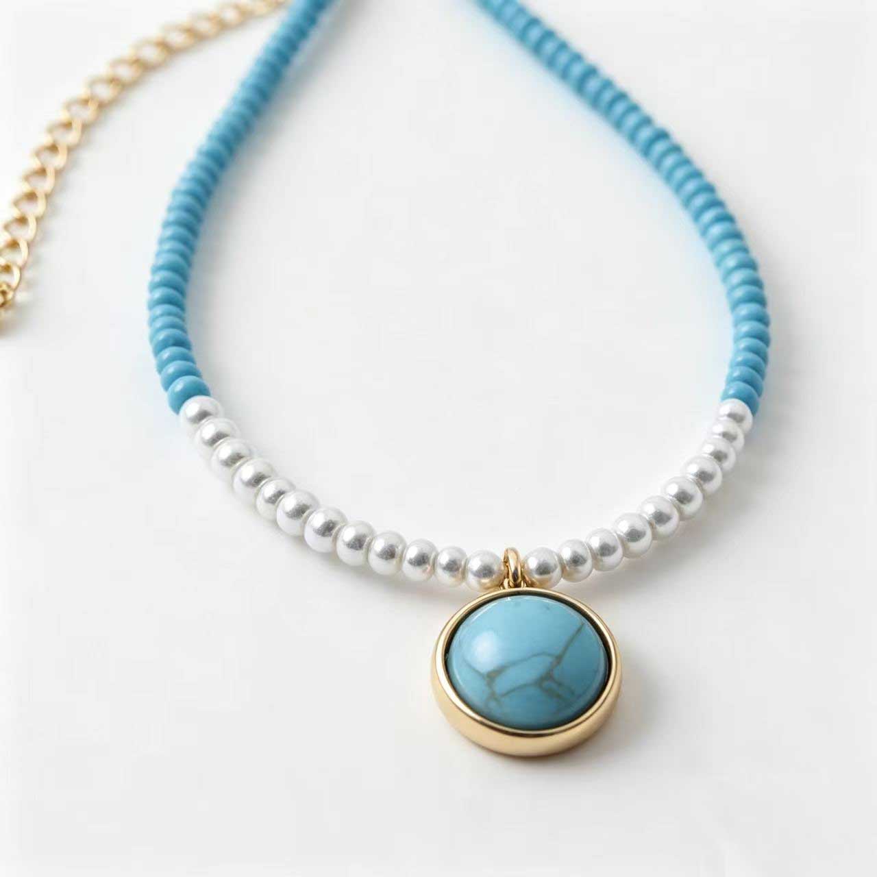 Sky Blue Turquoise Handmade Bead Necklace with Freshwater Pearl for Women