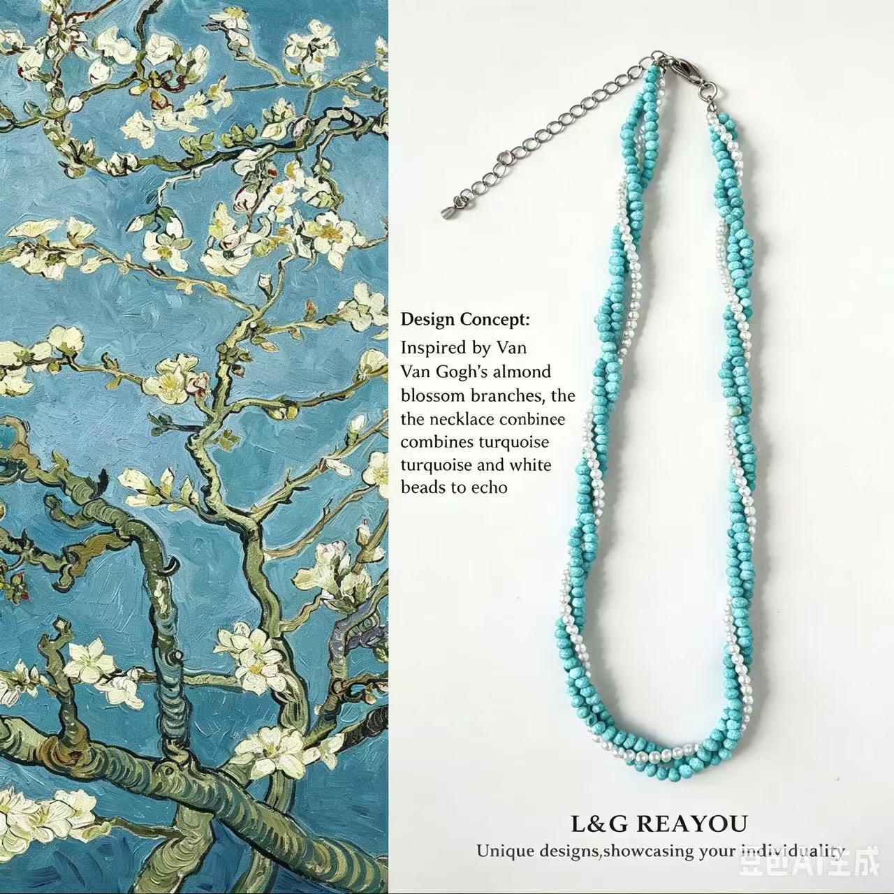 Van Gogh Almond Blossom Inspired Turquoise Pearl Spliced Beaded Long Necklace Adjustable Art Jewelry for Women