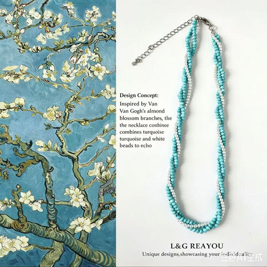 Van Gogh Almond Blossom Inspired Turquoise Pearl Spliced Beaded Long Necklace Adjustable Art Jewelry for Women