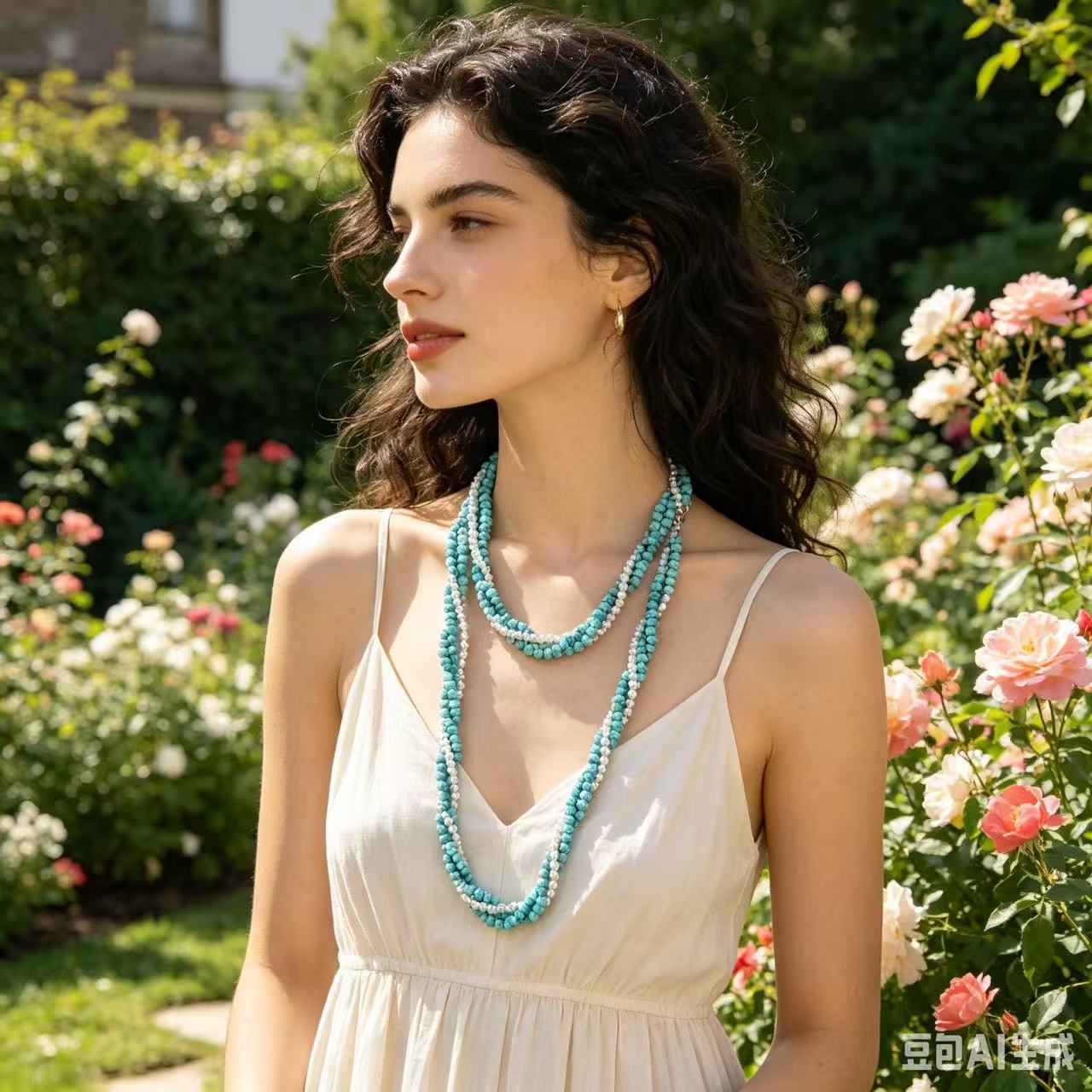 Van Gogh Almond Blossom Inspired Turquoise Pearl Spliced Beaded Long Necklace Adjustable Art Jewelry for Women