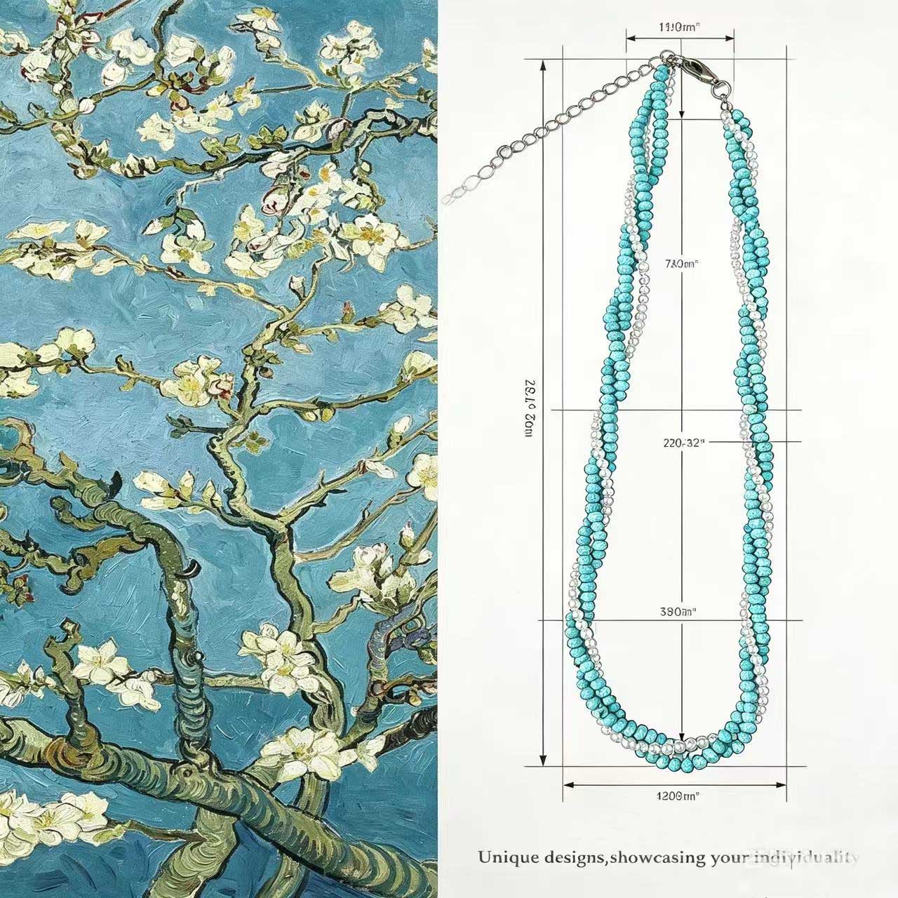 Van Gogh Almond Blossom Inspired Turquoise Pearl Spliced Beaded Long Necklace Adjustable Art Jewelry for Women