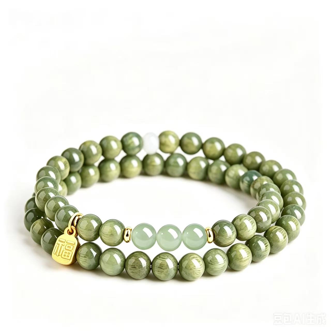 Baimu Grade Natural Green Sandalwood&Hetian Clear water Jade Double Wrap Bracelet with Lucky Fu Charm