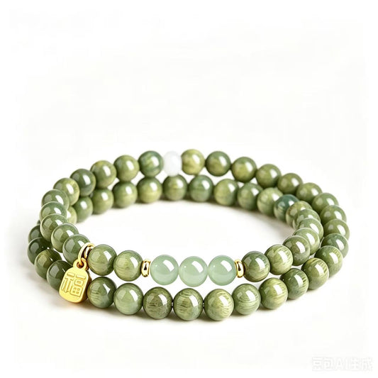 Baimu Grade Natural Green Sandalwood&Hetian Clear water Jade Double Wrap Bracelet with Lucky Fu Charm
