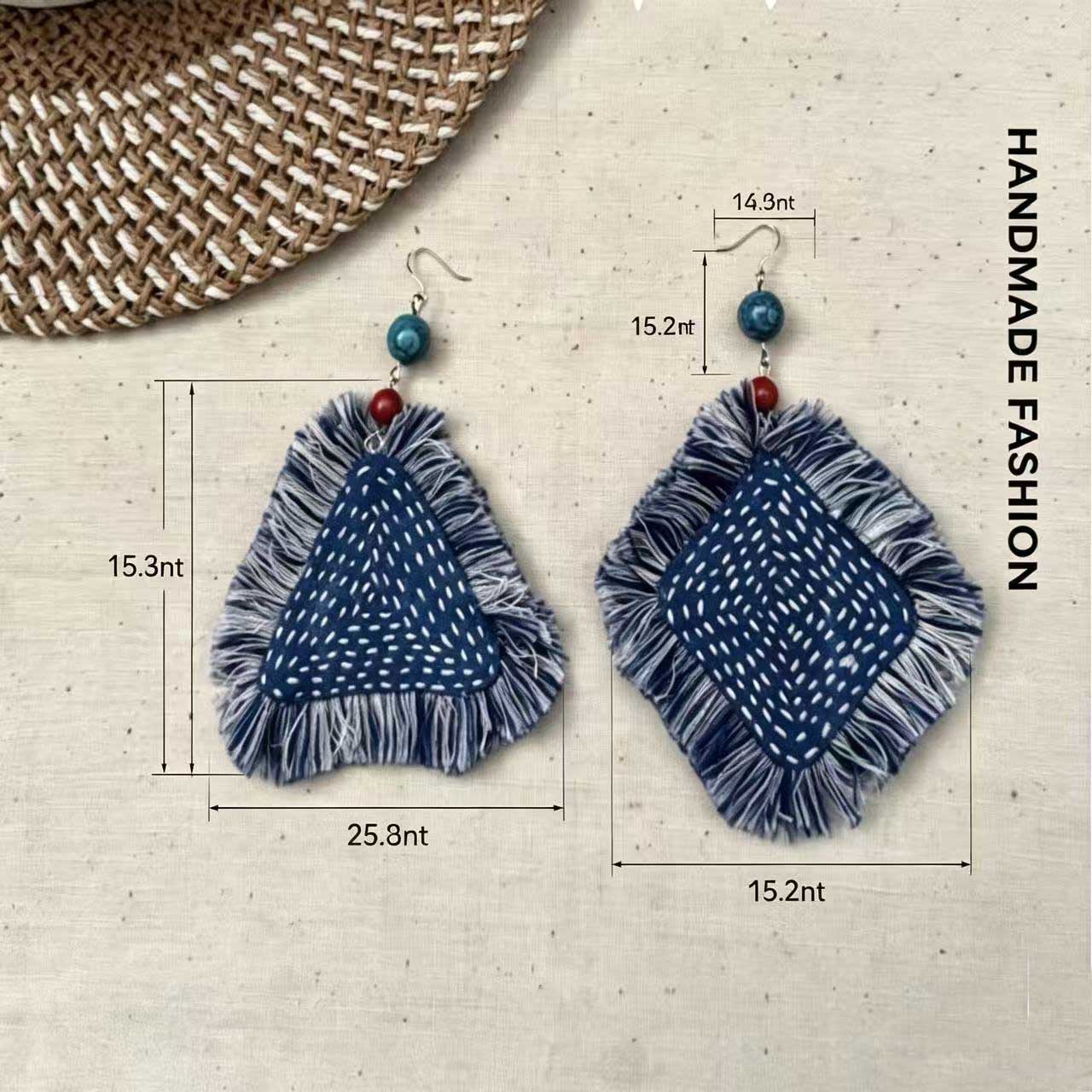 Handmade Indigo Blue Sashiko Stitch Tassel Drop Earrings, Asymmetrical Triangle Square Ethnic Fringe Fabric Dangle Earrings Boho Artisanal Jewelry