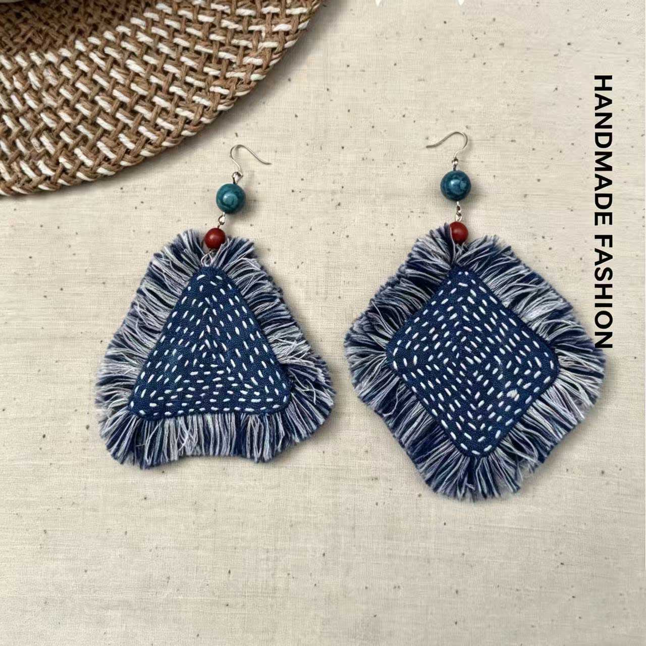 Handmade Indigo Blue Sashiko Stitch Tassel Drop Earrings, Asymmetrical Triangle Square Ethnic Fringe Fabric Dangle Earrings Boho Artisanal Jewelry