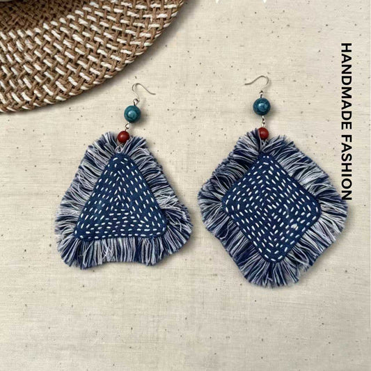 Handmade Indigo Blue Sashiko Stitch Tassel Drop Earrings, Asymmetrical Triangle Square Ethnic Fringe Fabric Dangle Earrings Boho Artisanal Jewelry
