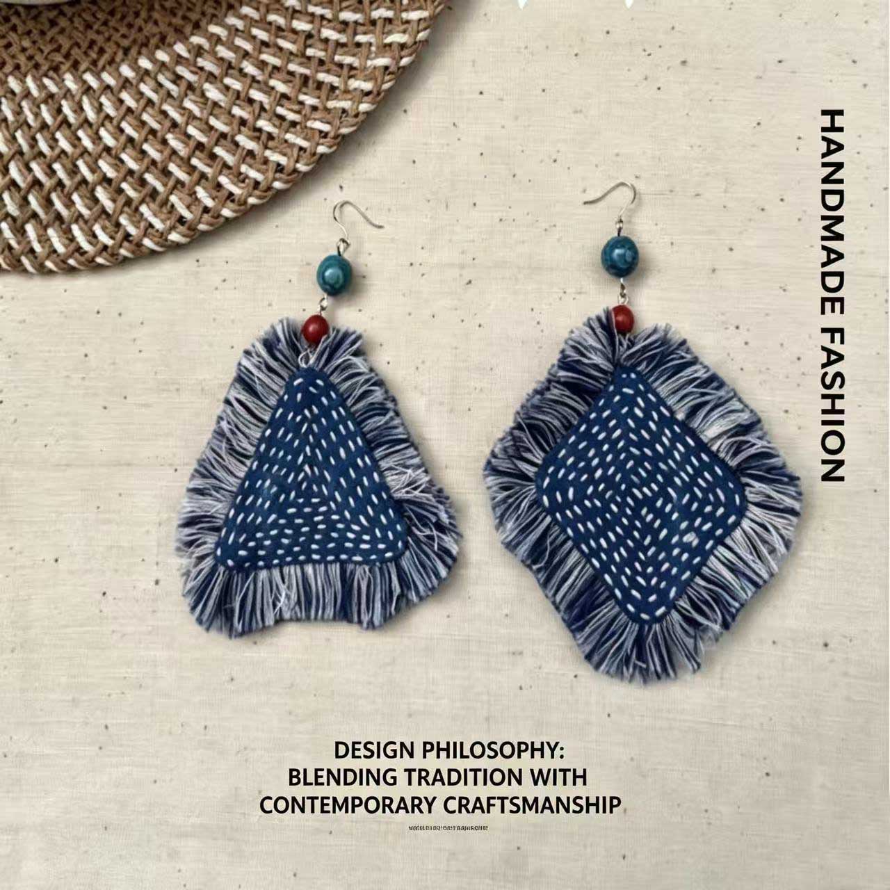 Handmade Indigo Blue Sashiko Stitch Tassel Drop Earrings, Asymmetrical Triangle Square Ethnic Fringe Fabric Dangle Earrings Boho Artisanal Jewelry