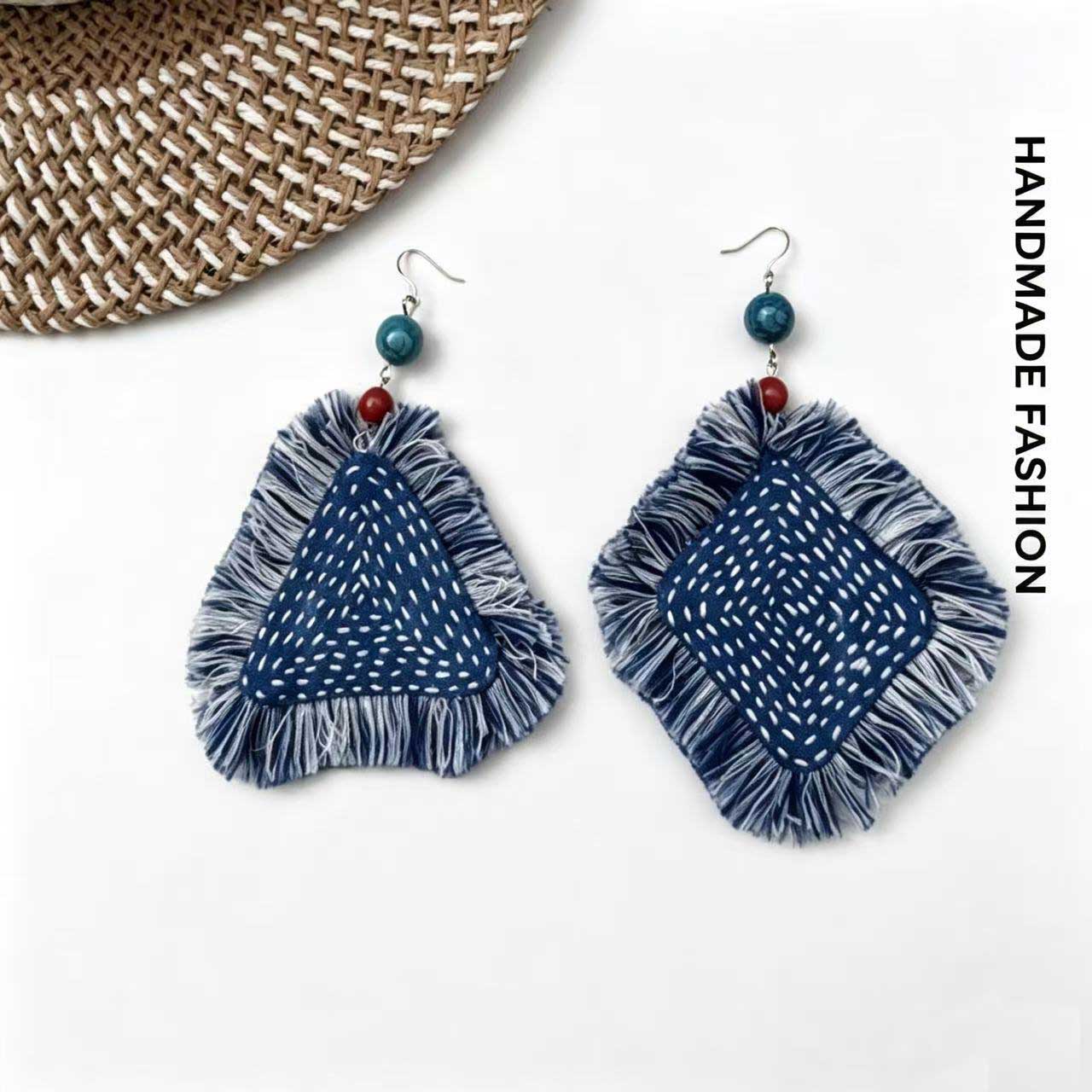 Handmade Indigo Blue Sashiko Stitch Tassel Drop Earrings, Asymmetrical Triangle Square Ethnic Fringe Fabric Dangle Earrings Boho Artisanal Jewelry