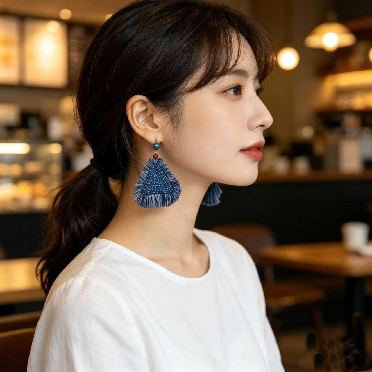 Handmade Indigo Blue Sashiko Stitch Tassel Drop Earrings, Asymmetrical Triangle Square Ethnic Fringe Fabric Dangle Earrings Boho Artisanal Jewelry